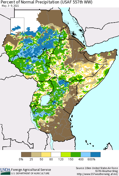 Eastern Africa Percent of Normal Precipitation (USAF 557th WW) Thematic Map For 5/3/2021 - 5/9/2021