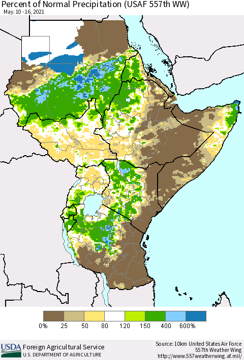 Eastern Africa Percent of Normal Precipitation (USAF 557th WW) Thematic Map For 5/10/2021 - 5/16/2021