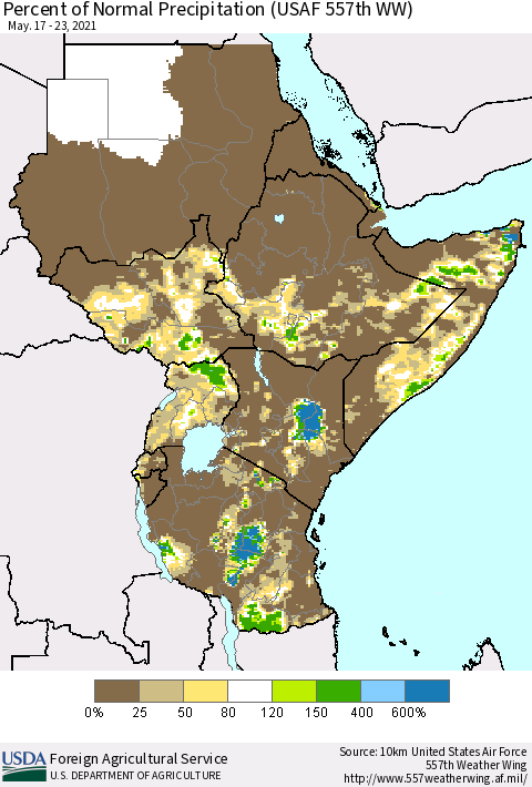 Eastern Africa Percent of Normal Precipitation (USAF 557th WW) Thematic Map For 5/17/2021 - 5/23/2021