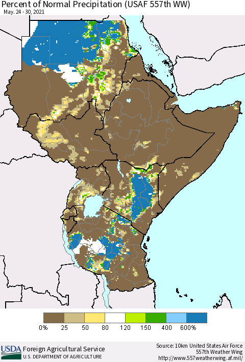 Eastern Africa Percent of Normal Precipitation (USAF 557th WW) Thematic Map For 5/24/2021 - 5/30/2021