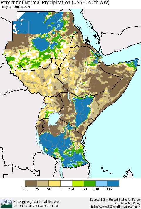 Eastern Africa Percent of Normal Precipitation (USAF 557th WW) Thematic Map For 5/31/2021 - 6/6/2021