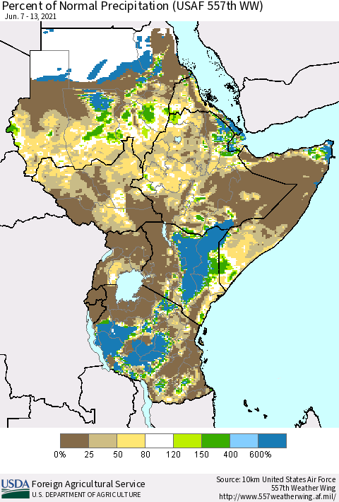 Eastern Africa Percent of Normal Precipitation (USAF 557th WW) Thematic Map For 6/7/2021 - 6/13/2021