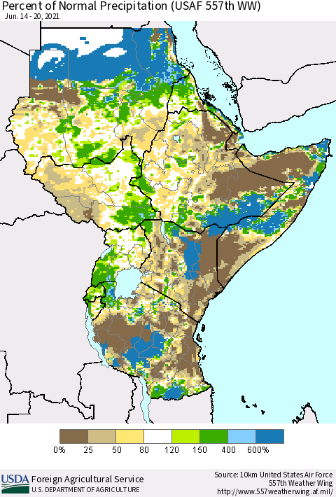 Eastern Africa Percent of Normal Precipitation (USAF 557th WW) Thematic Map For 6/14/2021 - 6/20/2021