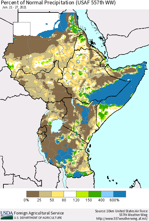 Eastern Africa Percent of Normal Precipitation (USAF 557th WW) Thematic Map For 6/21/2021 - 6/27/2021