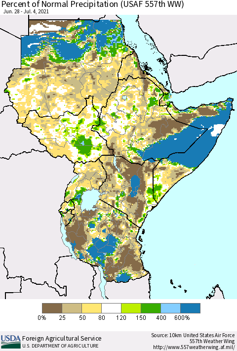 Eastern Africa Percent of Normal Precipitation (USAF 557th WW) Thematic Map For 6/28/2021 - 7/4/2021