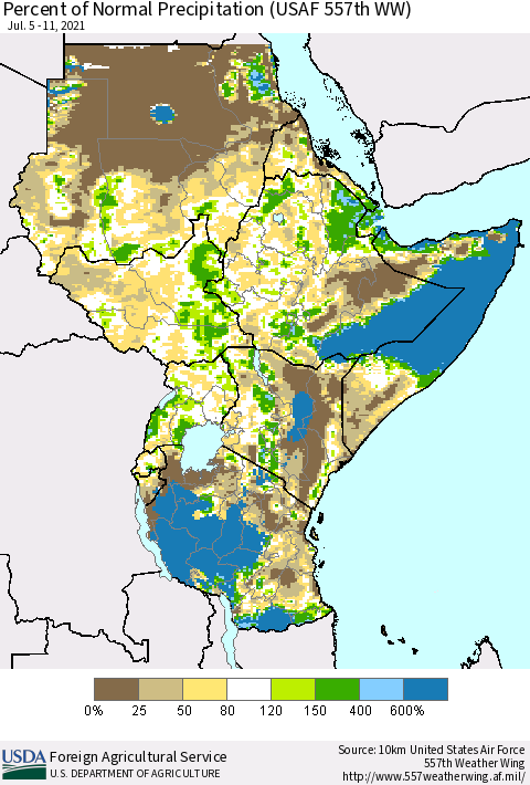 Eastern Africa Percent of Normal Precipitation (USAF 557th WW) Thematic Map For 7/5/2021 - 7/11/2021