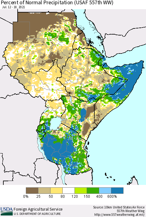 Eastern Africa Percent of Normal Precipitation (USAF 557th WW) Thematic Map For 7/12/2021 - 7/18/2021