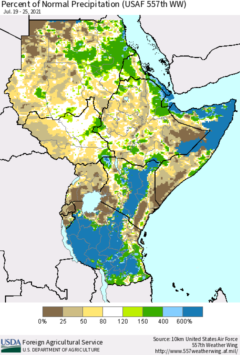 Eastern Africa Percent of Normal Precipitation (USAF 557th WW) Thematic Map For 7/19/2021 - 7/25/2021