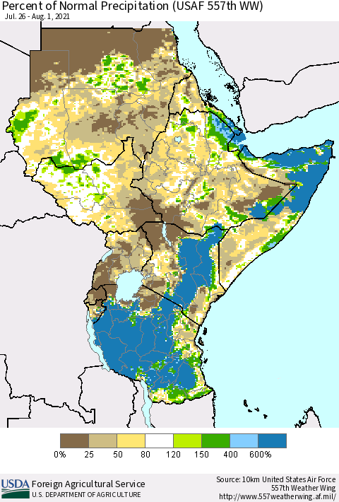 Eastern Africa Percent of Normal Precipitation (USAF 557th WW) Thematic Map For 7/26/2021 - 8/1/2021