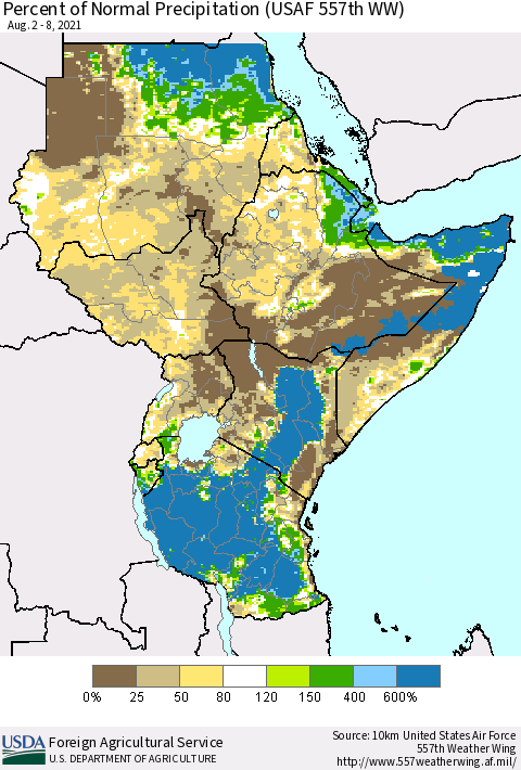 Eastern Africa Percent of Normal Precipitation (USAF 557th WW) Thematic Map For 8/2/2021 - 8/8/2021
