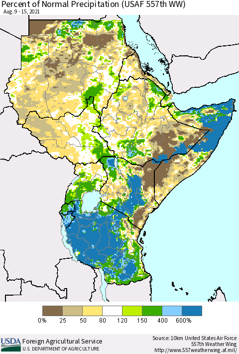 Eastern Africa Percent of Normal Precipitation (USAF 557th WW) Thematic Map For 8/9/2021 - 8/15/2021