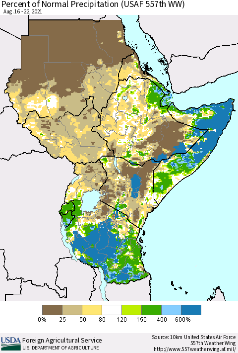 Eastern Africa Percent of Normal Precipitation (USAF 557th WW) Thematic Map For 8/16/2021 - 8/22/2021