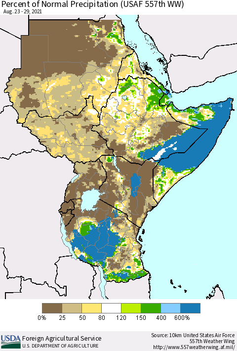 Eastern Africa Percent of Normal Precipitation (USAF 557th WW) Thematic Map For 8/23/2021 - 8/29/2021