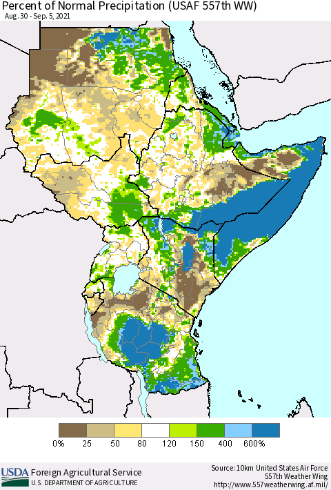 Eastern Africa Percent of Normal Precipitation (USAF 557th WW) Thematic Map For 8/30/2021 - 9/5/2021