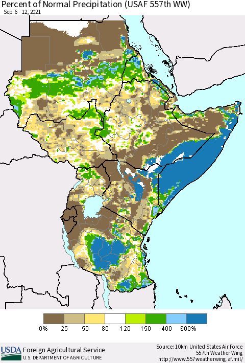 Eastern Africa Percent of Normal Precipitation (USAF 557th WW) Thematic Map For 9/6/2021 - 9/12/2021