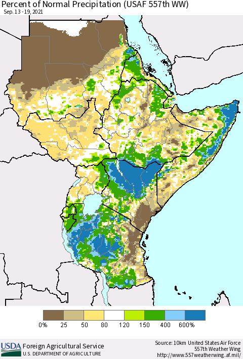 Eastern Africa Percent of Normal Precipitation (USAF 557th WW) Thematic Map For 9/13/2021 - 9/19/2021