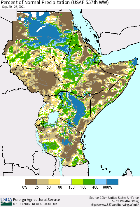 Eastern Africa Percent of Normal Precipitation (USAF 557th WW) Thematic Map For 9/20/2021 - 9/26/2021