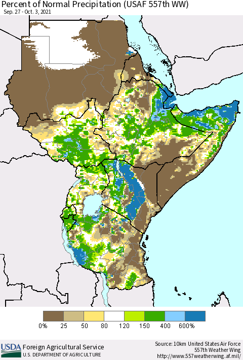 Eastern Africa Percent of Normal Precipitation (USAF 557th WW) Thematic Map For 9/27/2021 - 10/3/2021