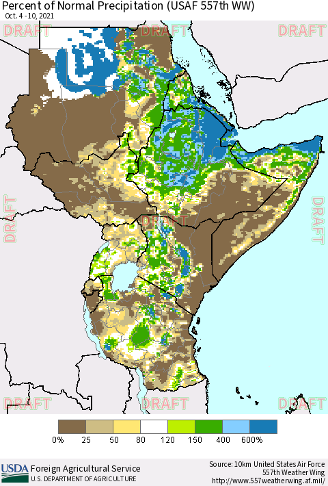 Eastern Africa Percent of Normal Precipitation (USAF 557th WW) Thematic Map For 10/4/2021 - 10/10/2021