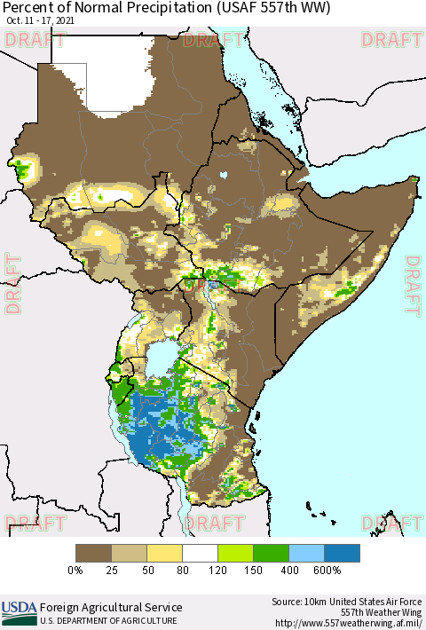 Eastern Africa Percent of Normal Precipitation (USAF 557th WW) Thematic Map For 10/11/2021 - 10/17/2021