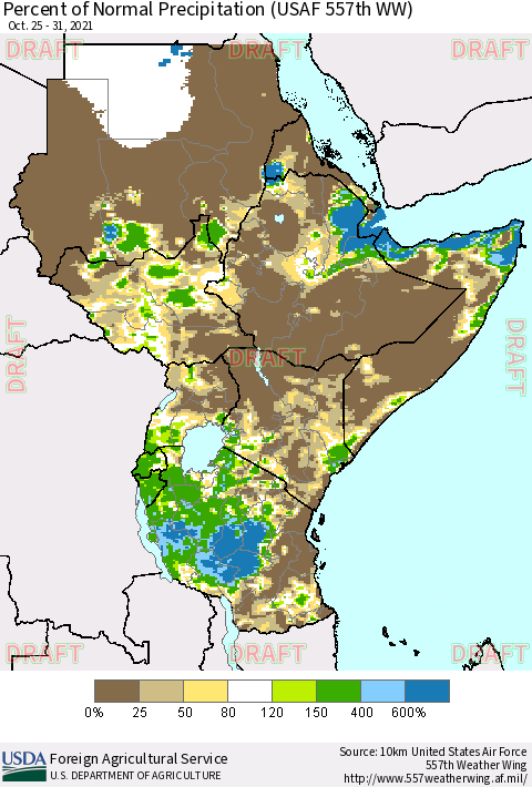 Eastern Africa Percent of Normal Precipitation (USAF 557th WW) Thematic Map For 10/25/2021 - 10/31/2021