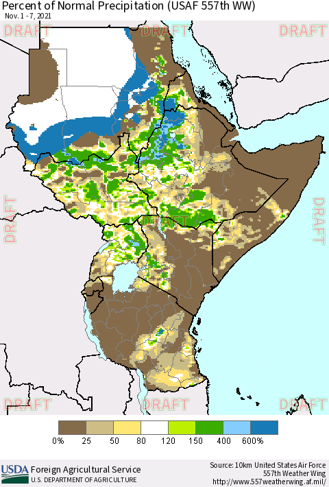 Eastern Africa Percent of Normal Precipitation (USAF 557th WW) Thematic Map For 11/1/2021 - 11/7/2021
