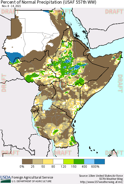 Eastern Africa Percent of Normal Precipitation (USAF 557th WW) Thematic Map For 11/8/2021 - 11/14/2021