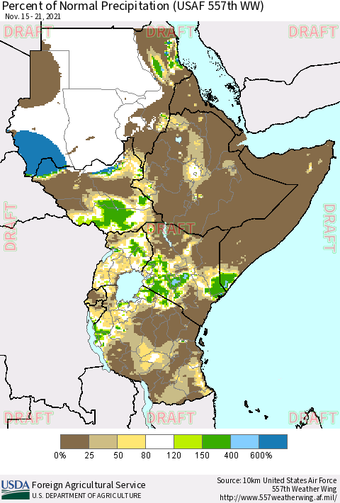 Eastern Africa Percent of Normal Precipitation (USAF 557th WW) Thematic Map For 11/15/2021 - 11/21/2021
