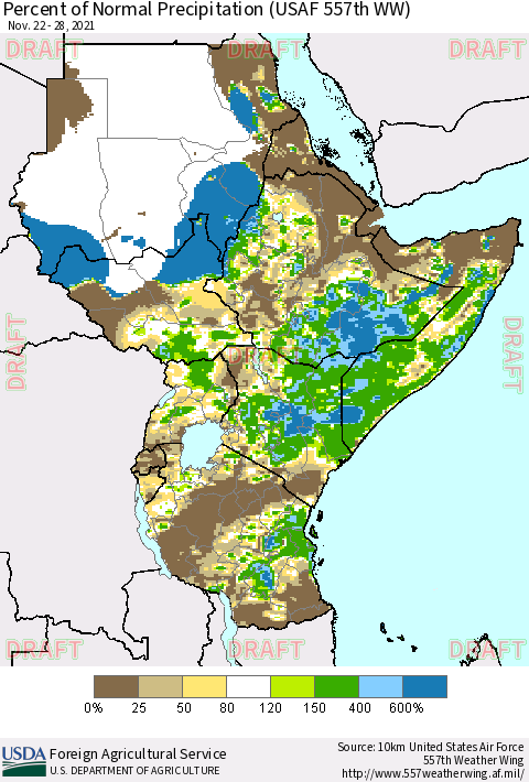 Eastern Africa Percent of Normal Precipitation (USAF 557th WW) Thematic Map For 11/22/2021 - 11/28/2021