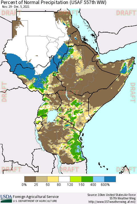 Eastern Africa Percent of Normal Precipitation (USAF 557th WW) Thematic Map For 11/29/2021 - 12/5/2021