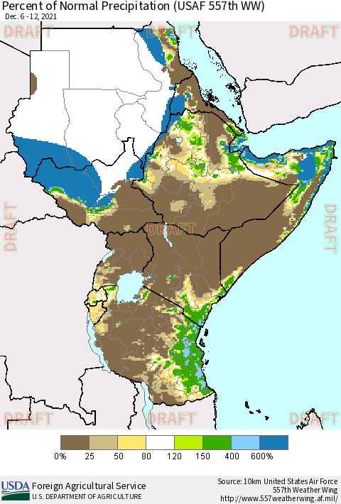 Eastern Africa Percent of Normal Precipitation (USAF 557th WW) Thematic Map For 12/6/2021 - 12/12/2021