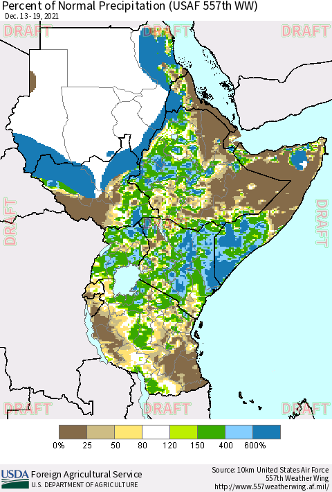 Eastern Africa Percent of Normal Precipitation (USAF 557th WW) Thematic Map For 12/13/2021 - 12/19/2021