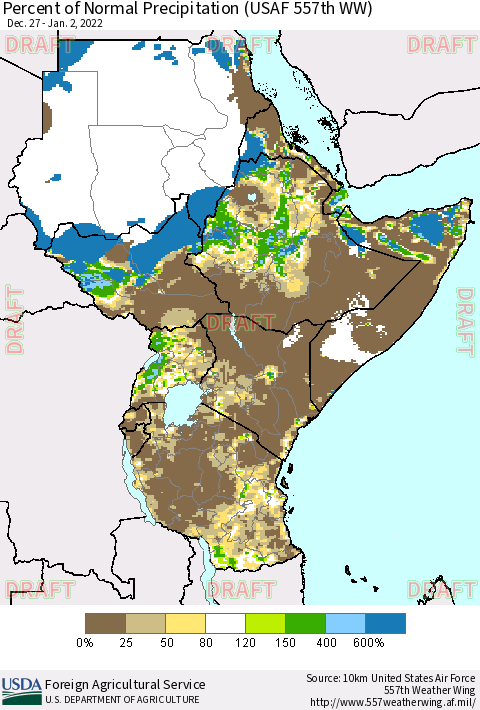 Eastern Africa Percent of Normal Precipitation (USAF 557th WW) Thematic Map For 12/27/2021 - 1/2/2022
