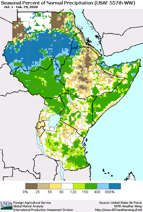 Eastern Africa Seasonal Percent of Normal Precipitation (USAF 557th WW) Thematic Map For 10/1/2019 - 2/29/2020