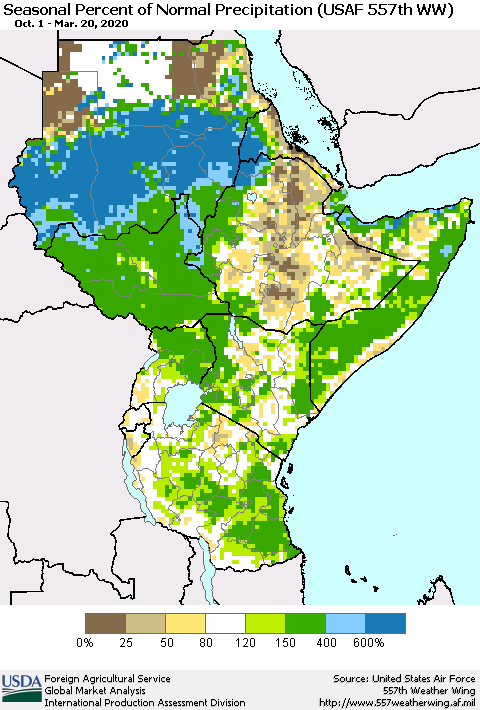 Eastern Africa Seasonal Percent of Normal Precipitation (USAF 557th WW) Thematic Map For 10/1/2019 - 3/20/2020