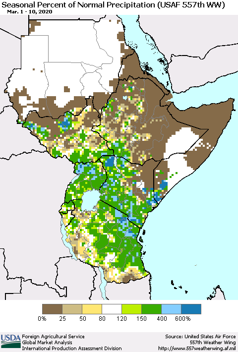 Eastern Africa Seasonal Percent of Normal Precipitation (USAF 557th WW) Thematic Map For 3/1/2020 - 3/10/2020