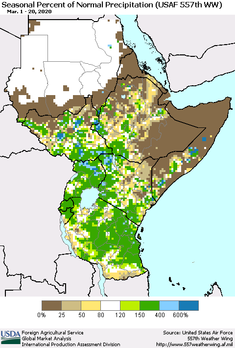 Eastern Africa Seasonal Percent of Normal Precipitation (USAF 557th WW) Thematic Map For 3/1/2020 - 3/20/2020