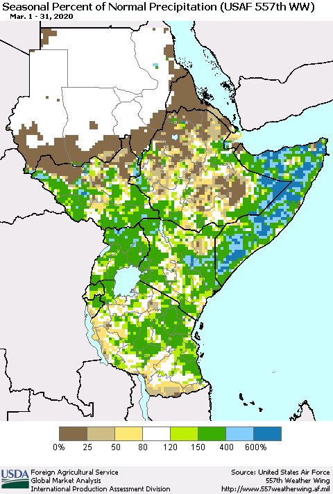 Eastern Africa Seasonal Percent of Normal Precipitation (USAF 557th WW) Thematic Map For 3/1/2020 - 3/31/2020