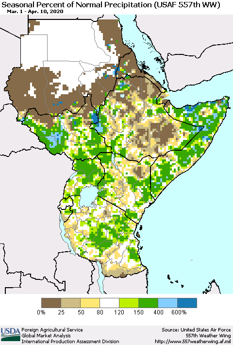 Eastern Africa Seasonal Percent of Normal Precipitation (USAF 557th WW) Thematic Map For 3/1/2020 - 4/10/2020