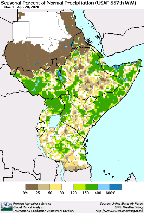 Eastern Africa Seasonal Percent of Normal Precipitation (USAF 557th WW) Thematic Map For 3/1/2020 - 4/20/2020