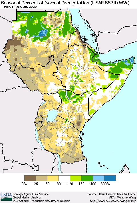 Eastern Africa Seasonal Percent of Normal Precipitation (USAF 557th WW) Thematic Map For 3/1/2020 - 6/30/2020