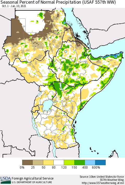 Eastern Africa Seasonal Percent of Normal Precipitation (USAF 557th WW) Thematic Map For 10/1/2020 - 1/10/2021