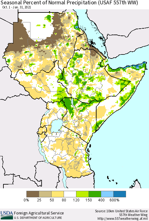 Eastern Africa Seasonal Percent of Normal Precipitation (USAF 557th WW) Thematic Map For 10/1/2020 - 1/31/2021