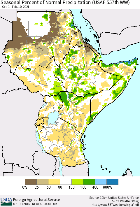 Eastern Africa Seasonal Percent of Normal Precipitation (USAF 557th WW) Thematic Map For 10/1/2020 - 2/10/2021