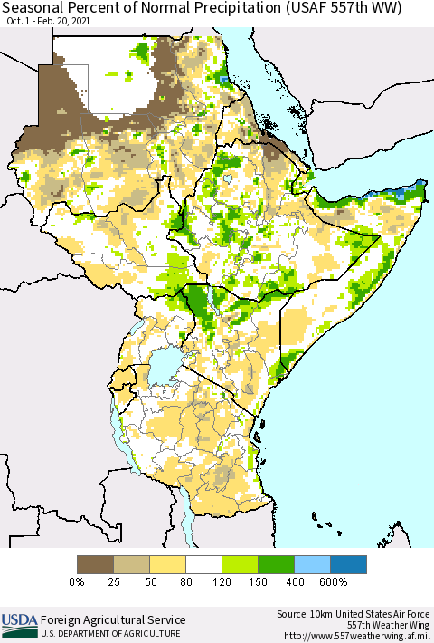 Eastern Africa Seasonal Percent of Normal Precipitation (USAF 557th WW) Thematic Map For 10/1/2020 - 2/20/2021