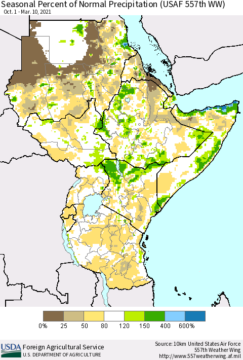 Eastern Africa Seasonal Percent of Normal Precipitation (USAF 557th WW) Thematic Map For 10/1/2020 - 3/10/2021