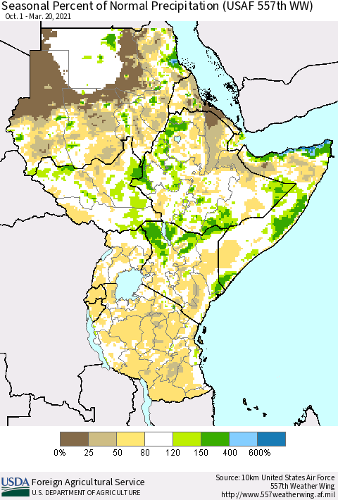 Eastern Africa Seasonal Percent of Normal Precipitation (USAF 557th WW) Thematic Map For 10/1/2020 - 3/20/2021