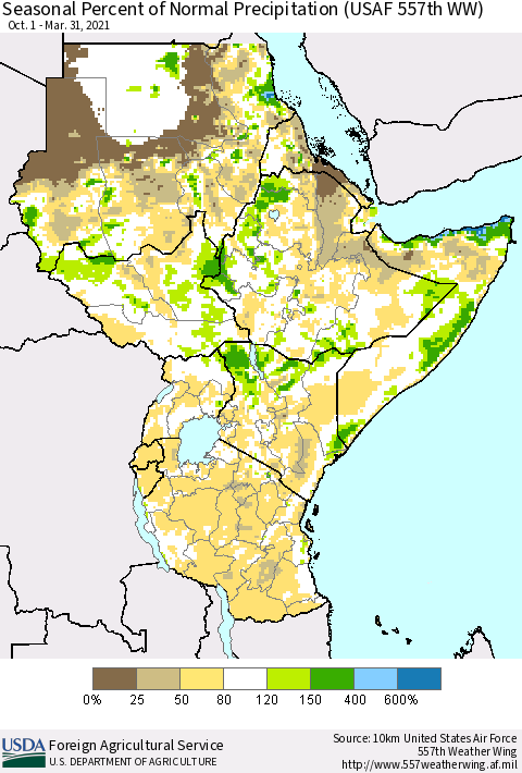 Eastern Africa Seasonal Percent of Normal Precipitation (USAF 557th WW) Thematic Map For 10/1/2020 - 3/31/2021