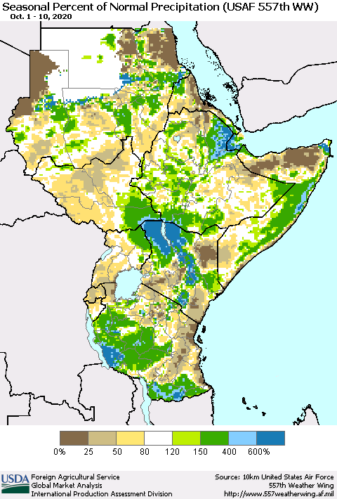 Eastern Africa Seasonal Percent of Normal Precipitation (USAF 557th WW) Thematic Map For 10/1/2020 - 10/10/2020