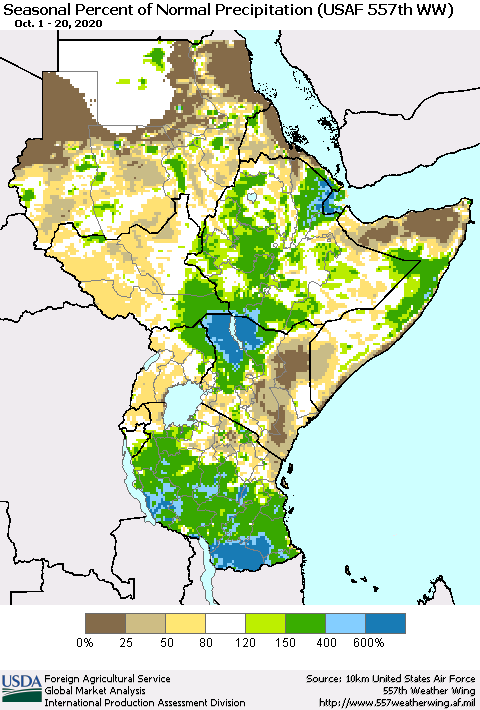 Eastern Africa Seasonal Percent of Normal Precipitation (USAF 557th WW) Thematic Map For 10/1/2020 - 10/20/2020